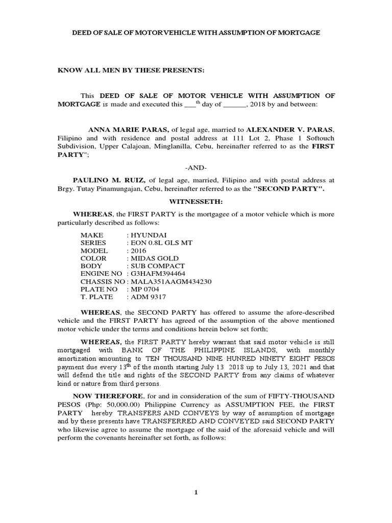 Deed of Sale of Motor Vehicle With Assumption of Mortgage Paras To