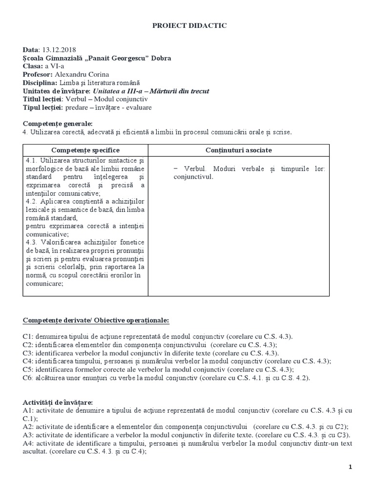 Proiect Didactic Verbul Modul Conjunctiv