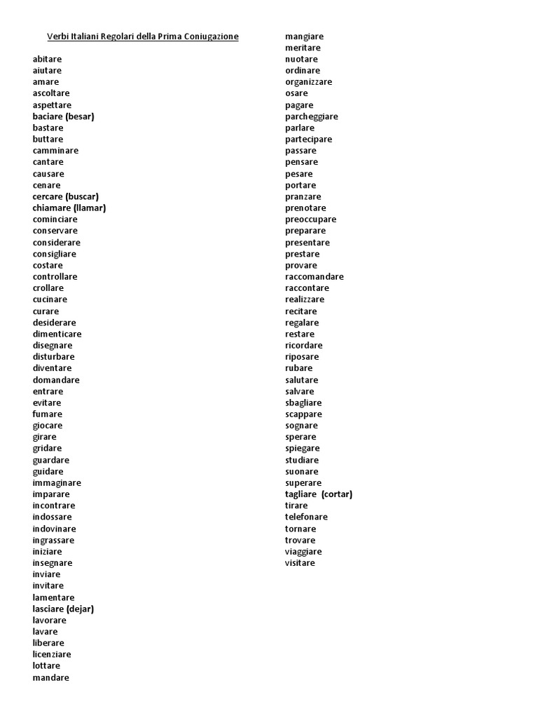 Verbi Italiani Regolari Della Prima Coniugazione Docx