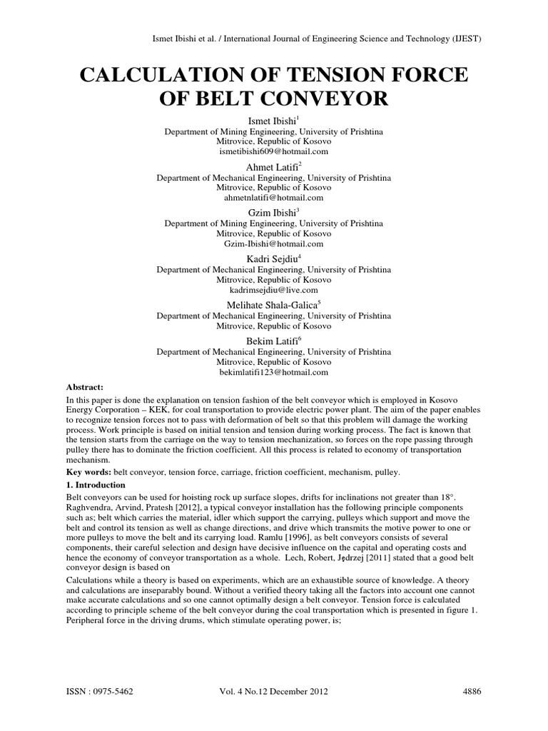 Calculation of Tension Force of Belt Conveyor Determining Optimal