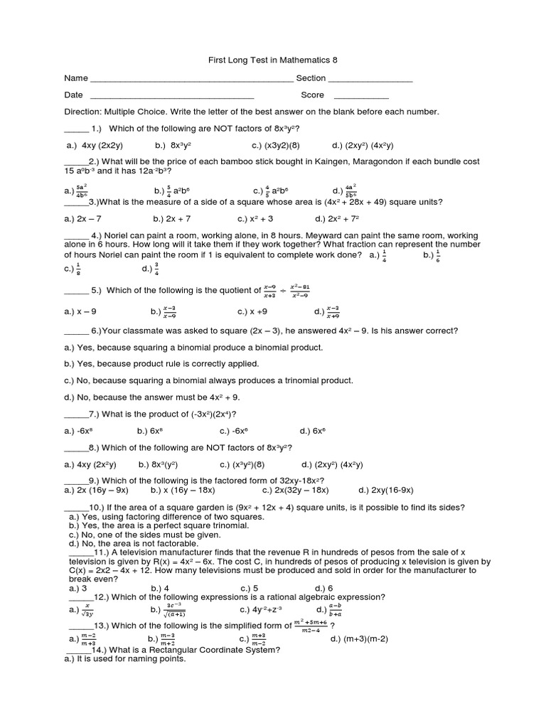 Algebraic Problem Solving Test | PDF | Factorization | Cartesian ...