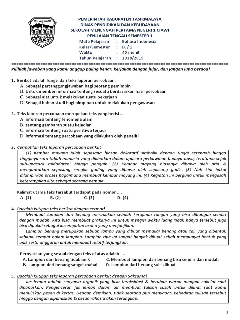 contoh soal essay bahasa indonesia kelas 9 tentang laporan percobaan
