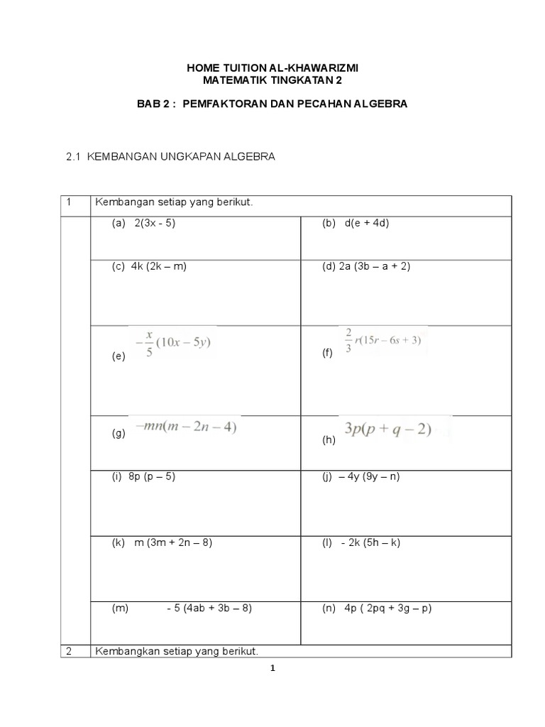 Bab 2 Pemfaktoran Dan Pecahan Algebra Pdf