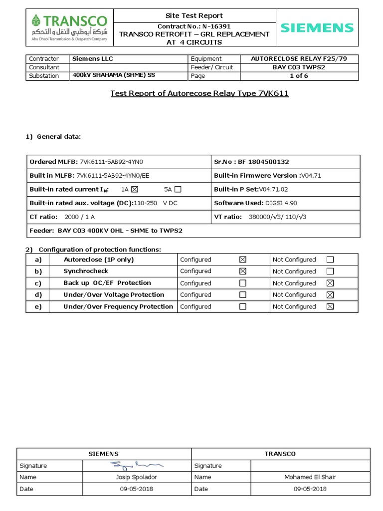 Autoreclose Relay Test Report | PDF | Electric Power System | Relay