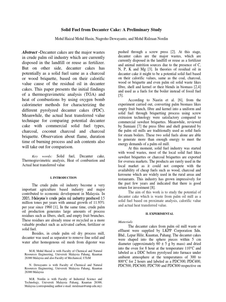 Abstract Decanter Cakes Are The Major Wastes Solid Fuel From Decanter Cake A Preliminary