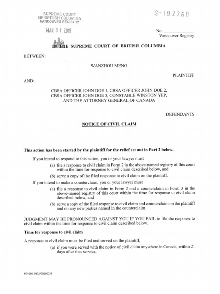 Notice Of Civil Claim Tort Damages