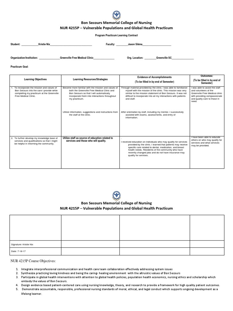 Nursing Practicum Learning Contract | PDF | Nursing | Health Care