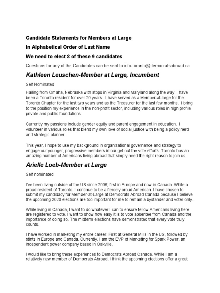 Candidate Statements for Members at Large Toronto 2019 Elections