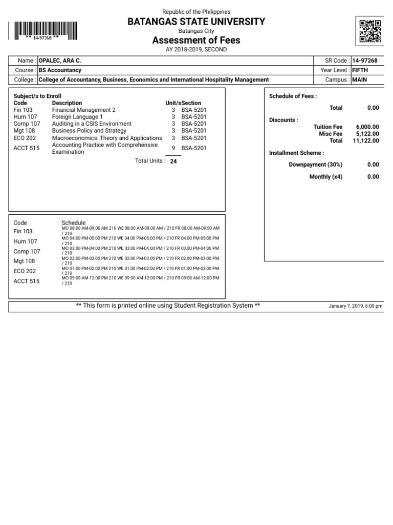 Batangas State University Assessment of Fees: This Form Is Printed ...