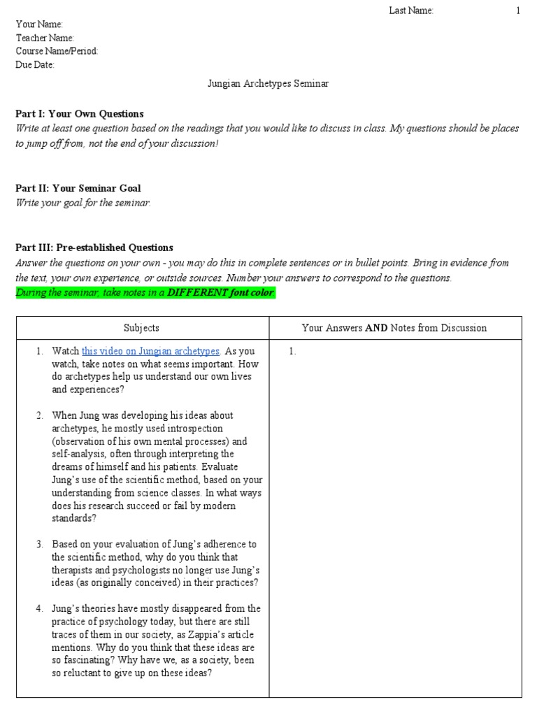 Jungian Archetypes Seminar TChart PDF Carl Jung Archetype