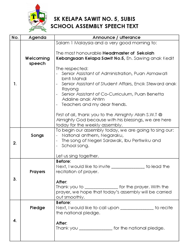 School Assembly Speech Agenda | PDF | Religious Behaviour And Experience