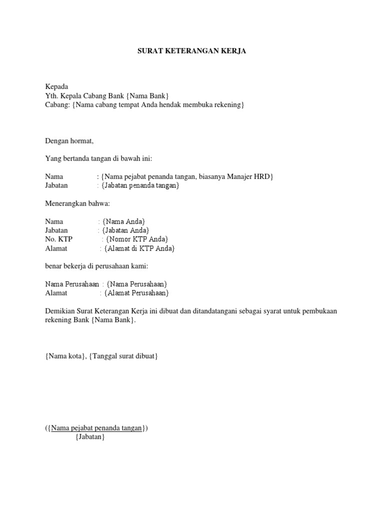 Surat Keterangan Kerja Untuk Pembukaan Rekening Bank ...