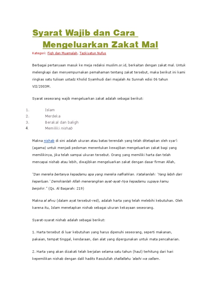 Syarat Wajib Dan Cara Mengeluarkan Zakat Mal 1 Islam 2 Merdeka 3 Berakal Dan Baligh Memiliki Nishab