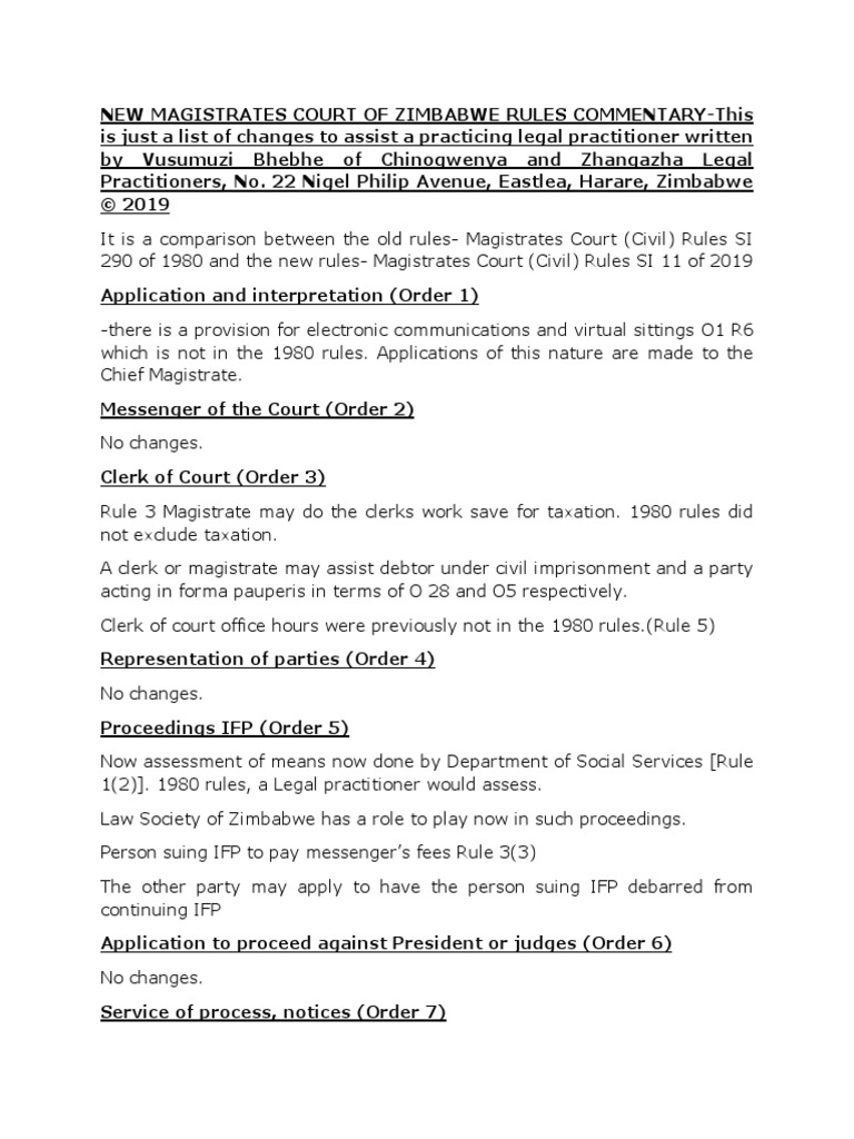 Zimbabwe Mag Court Rules Commentary Si 11 of 2019 PDF