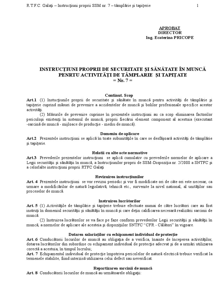 Instructiuni Proprii SSM 7 PTR Tamplarie Tapiterie | PDF