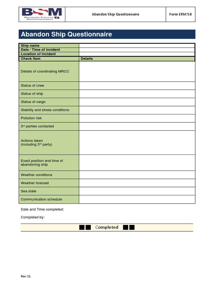 Abandon Ship Questionnaire Form ERM 58 | PDF