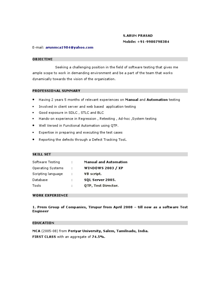 Software Testing Resume of S. Arun Prasad | PDF | Software Testing ...