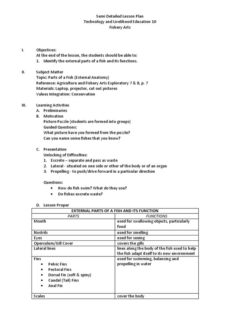 Semi Detailed Lesson Plan | PDF | Fish | Vertebrates