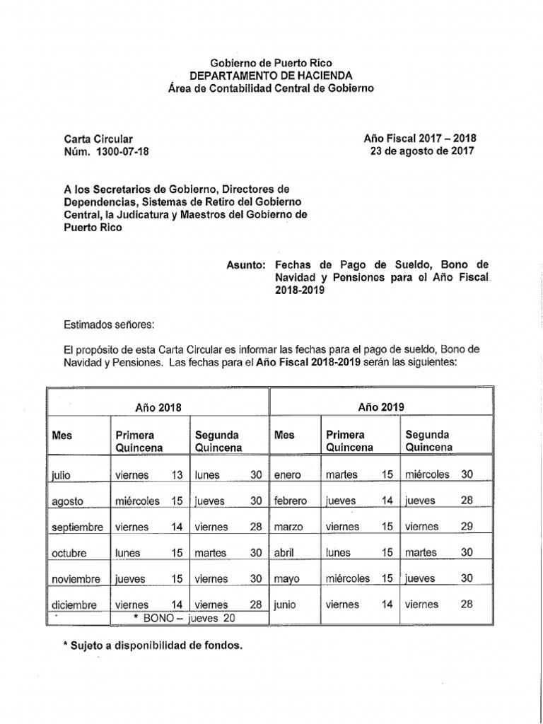 Dias de Pago Gobierno Pr 2019