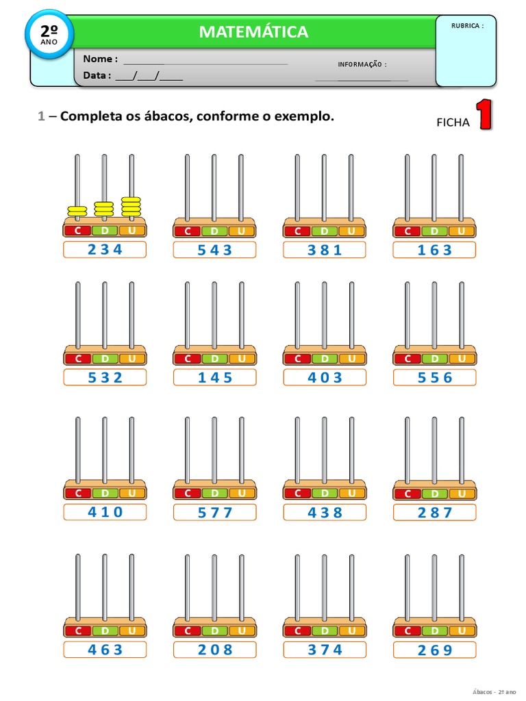 Completa os Ábacos - Exercício de Matemática para Alunos do 2o Ano | PDF