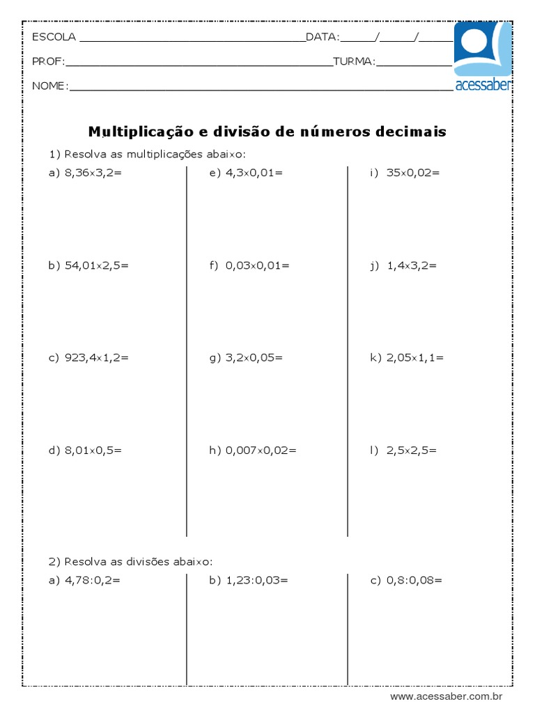Atividades de Multiplicação e Divisão Decimais | PDF