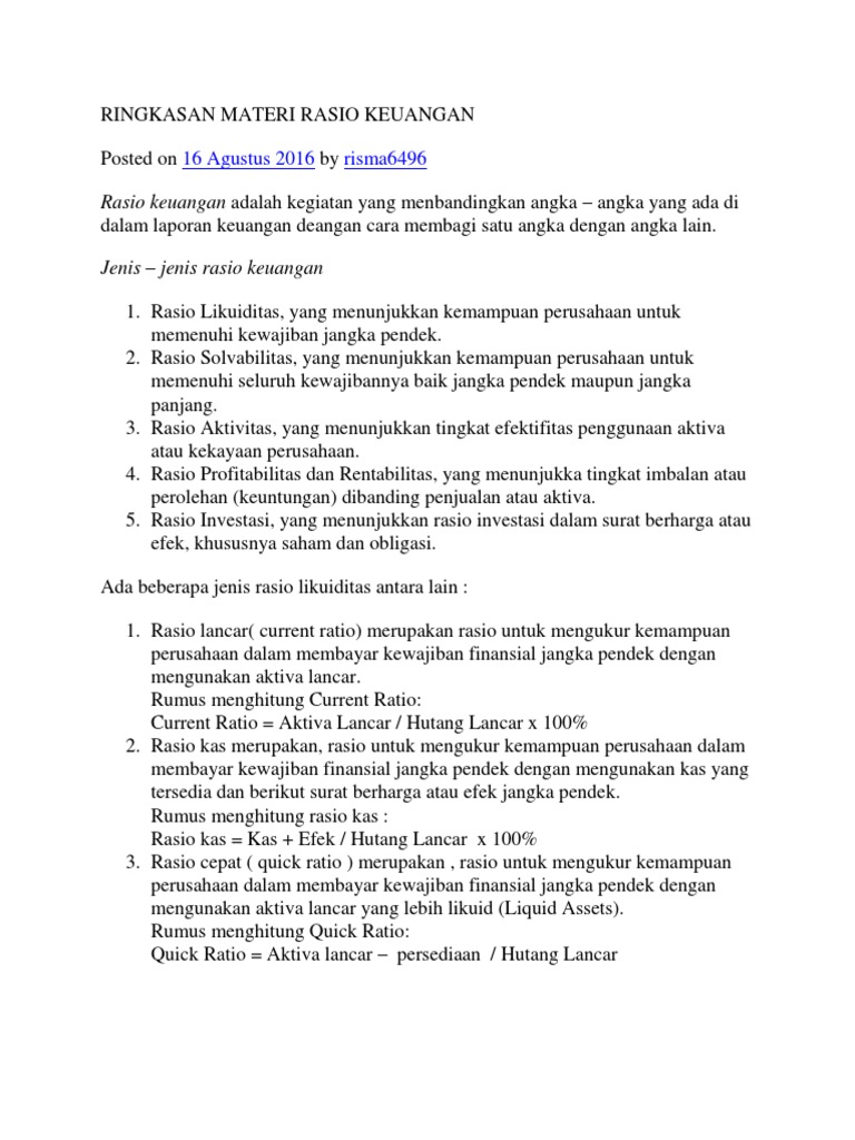Ringkasan Analisis Rasio Keuangan | PDF | Bisnis | Pengelolaan Keuangan ...