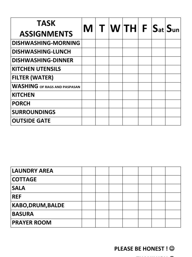 Task Assignments: M T W TH F S S | PDF | Social Science