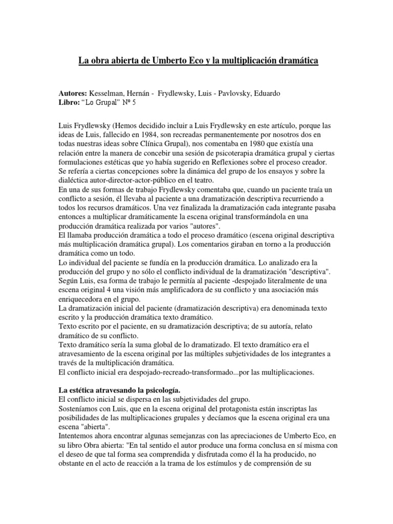 La Obra Abierta de Umberto Eco y La Multiplicación Dramática KesselmanFrydlewskyPavlovsky