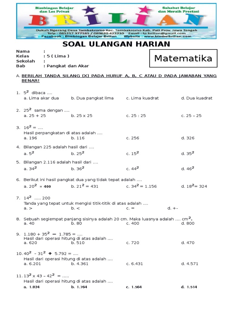 Soal Matematika Kelas 5 SD Bab 2 Pangkat Dan Akar Bilangan Bulat Dan