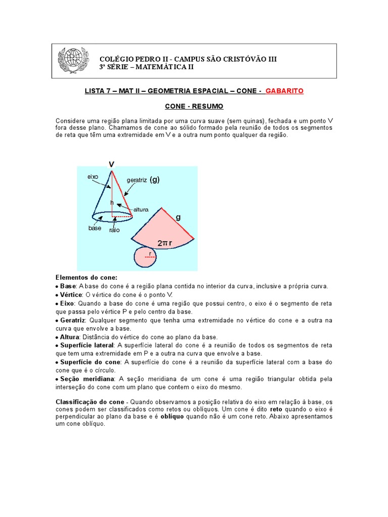 Lista de Exercícios Sobre Cone | PDF | Objetos geométricos | Triângulo