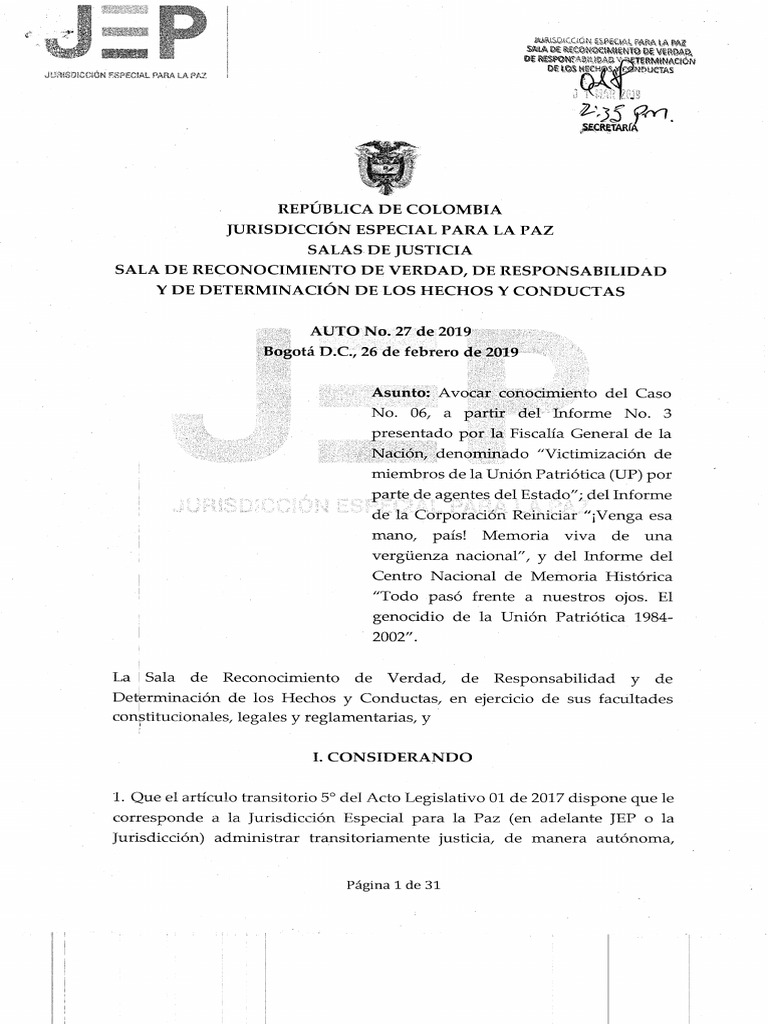 Auto No. 27 de 26 de Febrero de 2019 Avoca Conocimiento PDF