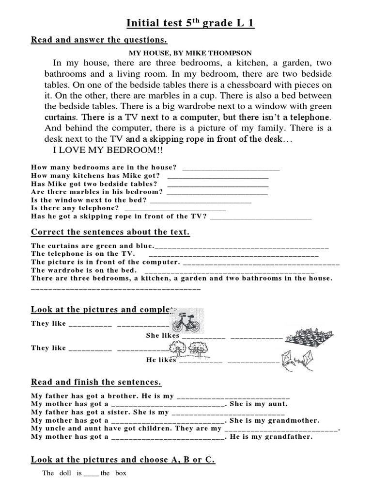 Initial Test 5 Grade L 1: Read and Answer The Questions | PDF | Bedroom ...