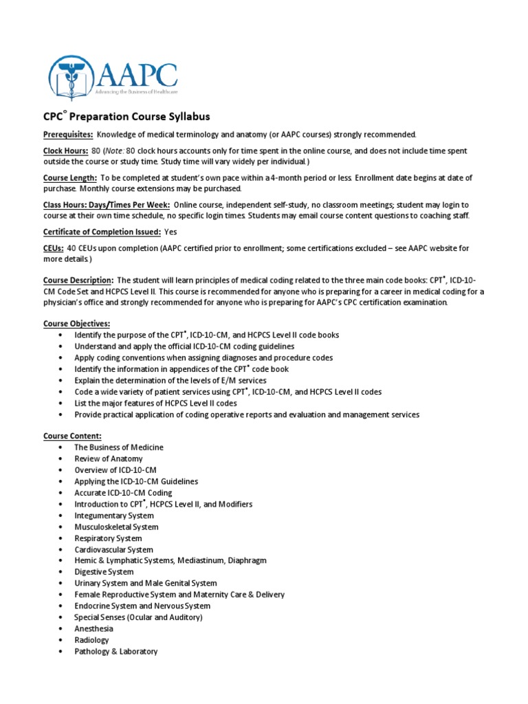 CPC Preparation Course Syllabus Educational Technology Medicine