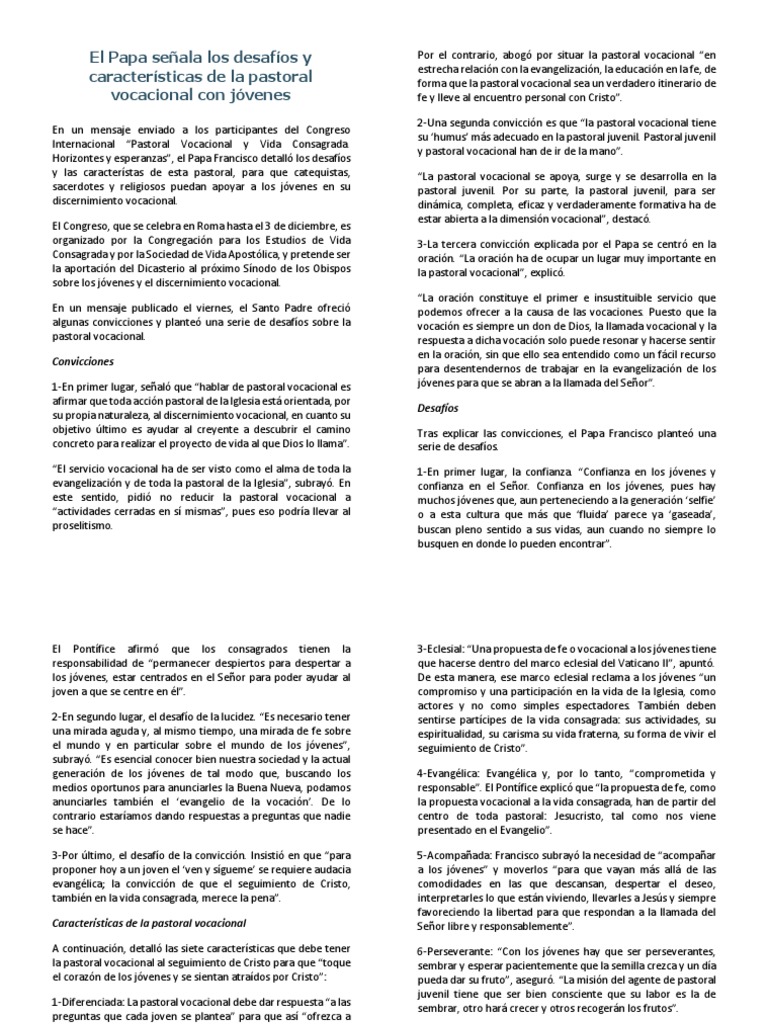 Desafíos de la Pastoral Vocacional | PDF | Papa Francisco | Cristo (título)