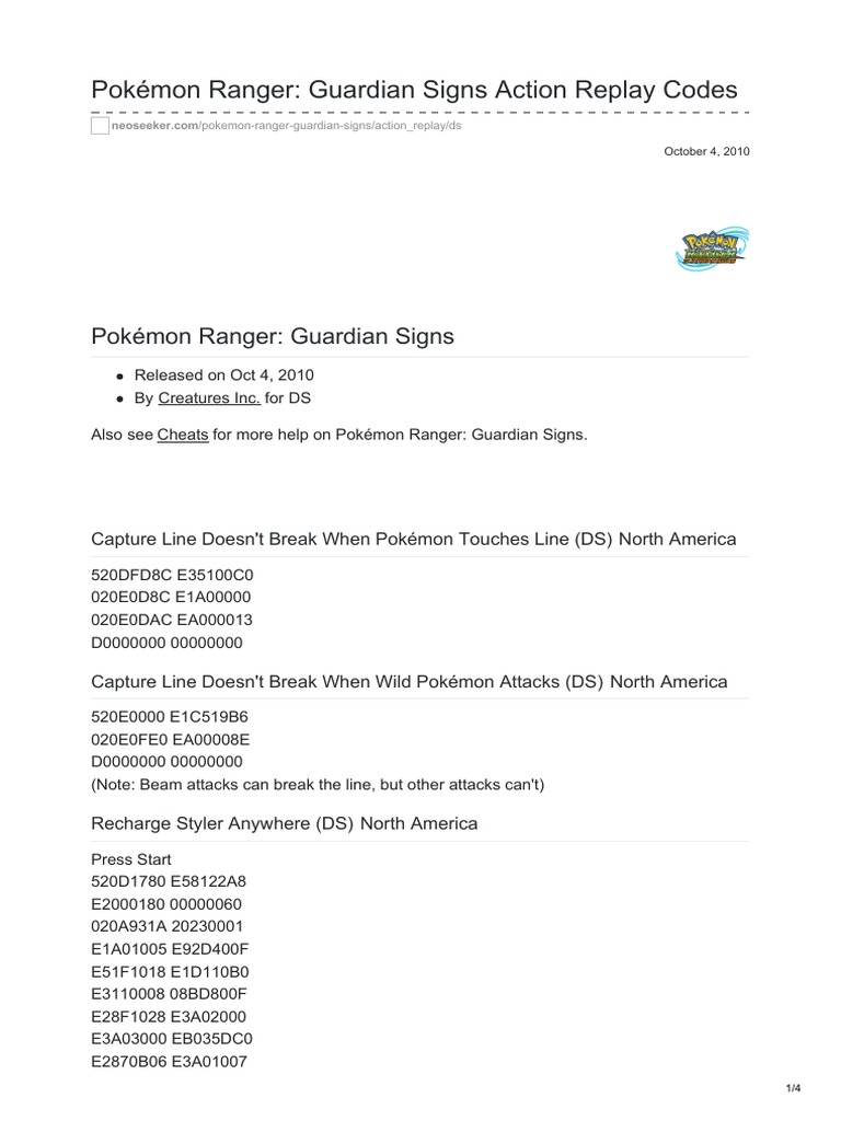 Pokemon Ranger Guardian Signs Action Replay Codes Nintendo Hardware Nintendo Games