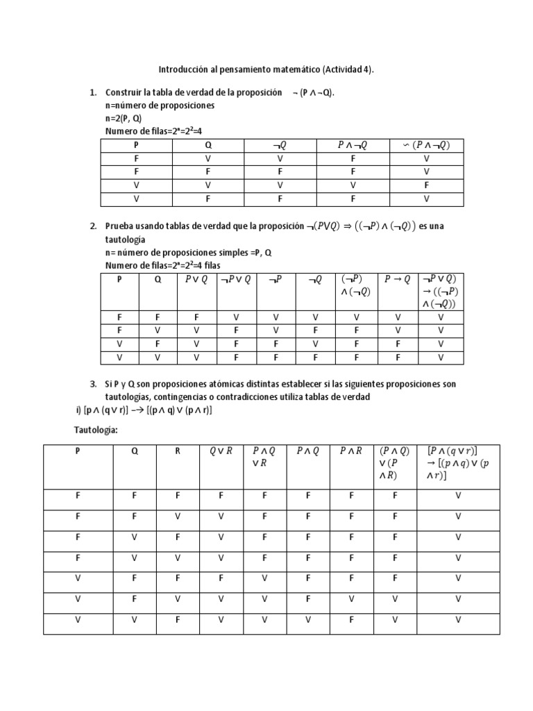 Introduccion Al Pensamiento Matematico Actividad 4 Proposicion Semantica