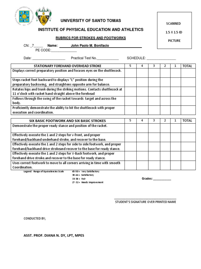 Badminton Rubrics for Six Basic Footwork and Stroke Racquet Sports