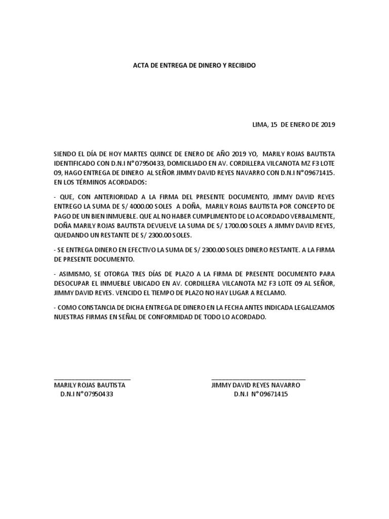 Acta de Entrega de Dinero y Recibido