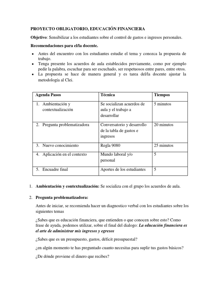 Proyecto Educación Financiera | PDF | Presupuesto | Ahorro