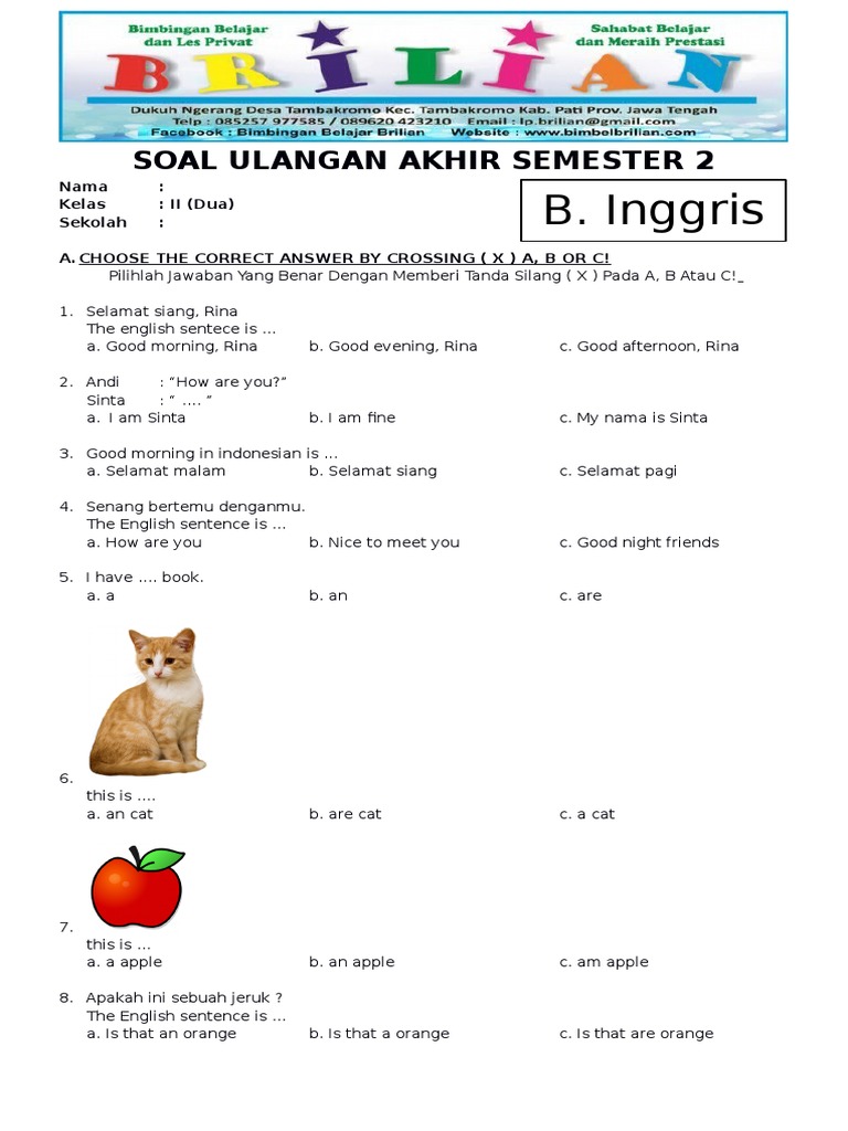 Soal UAS Bahasa Inggris Kelas 2 SD Semester 1 (Ganjil) Dan