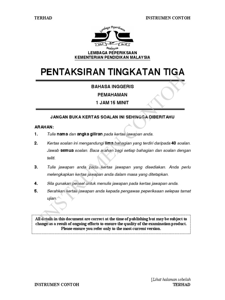 Contoh Soalan Bahasa Inggeris Pt3 2019 Kertas Soalan Bahasa Inggeris Pt3 Format Pt3 Panduan Untuk Peperiksaan Tingkatan 3 2019 Via Mypt3 Com Asla Didin