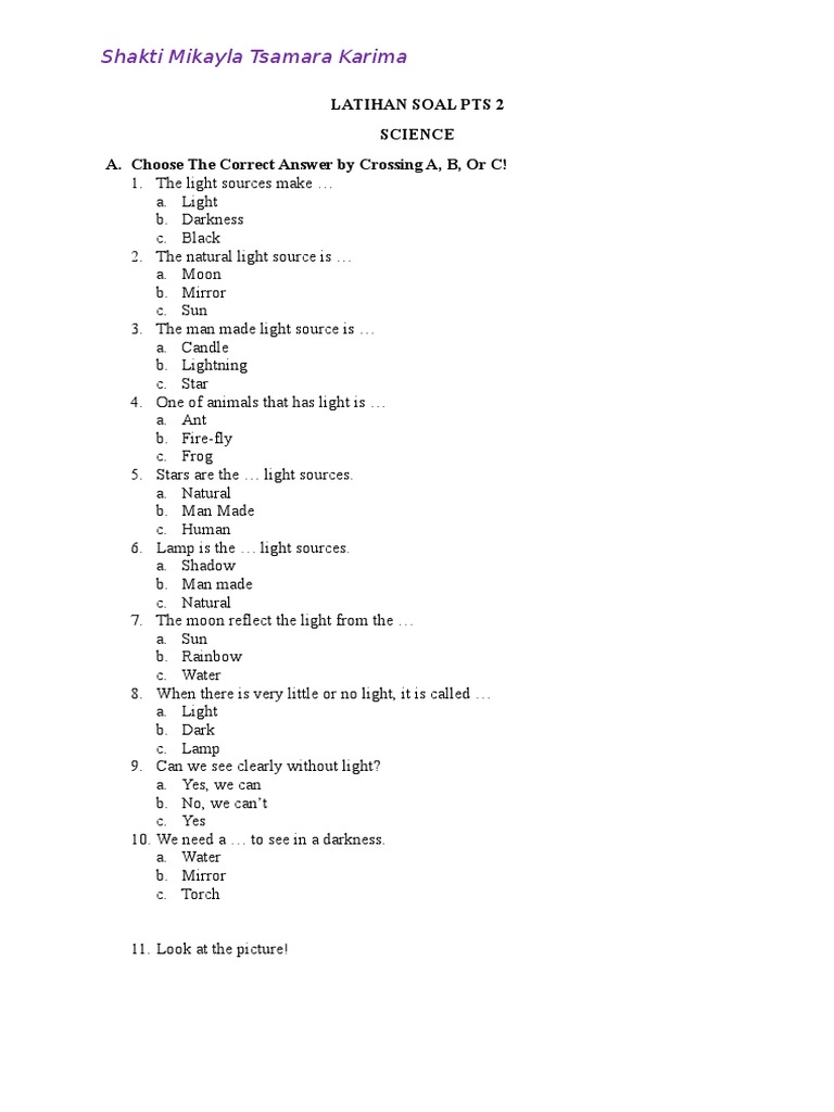 Kelas 2 Latihan Soal Pts 2 Science Shadow Light