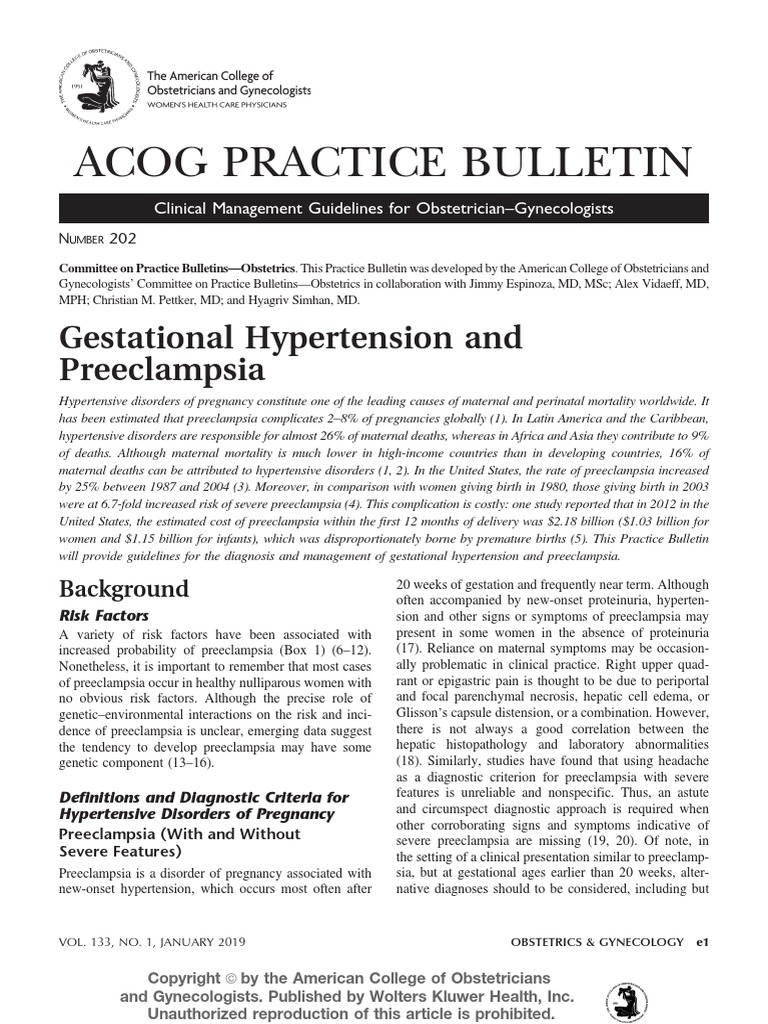 Acog 2019 Preeclampsia Hypertension Preterm Birth