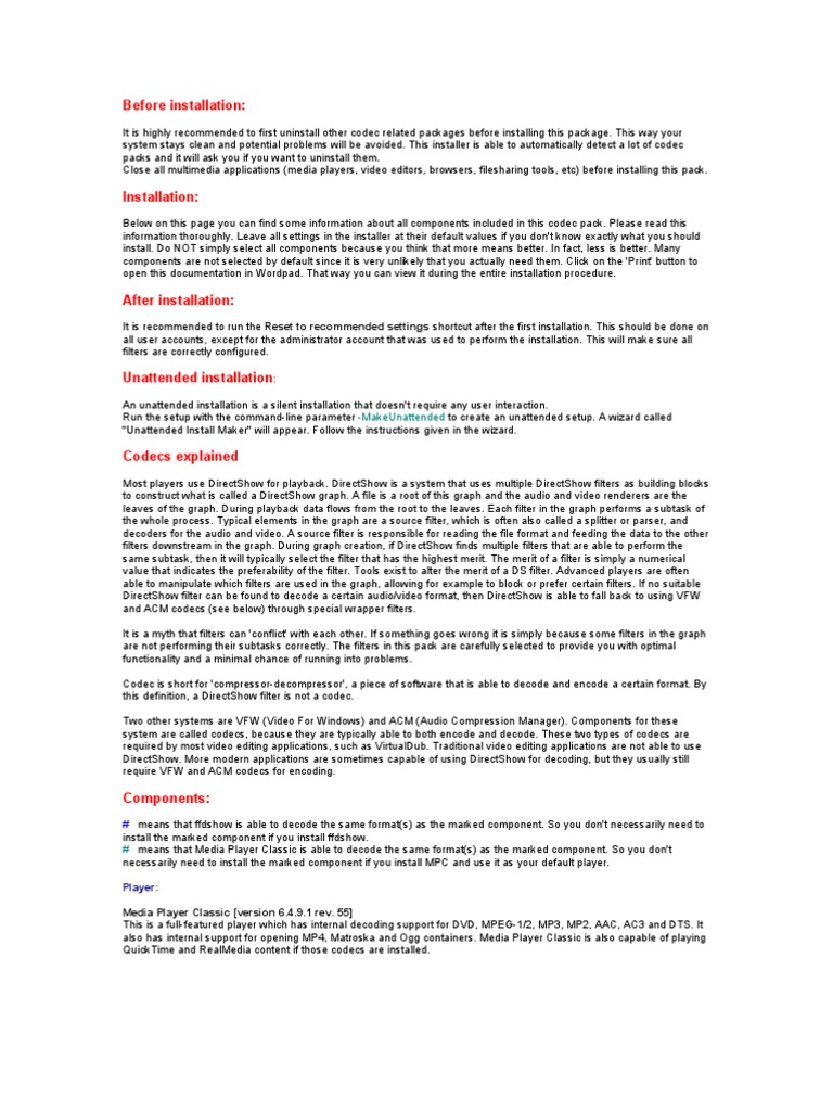 Codec Pack Installation Guide | PDF | Computers