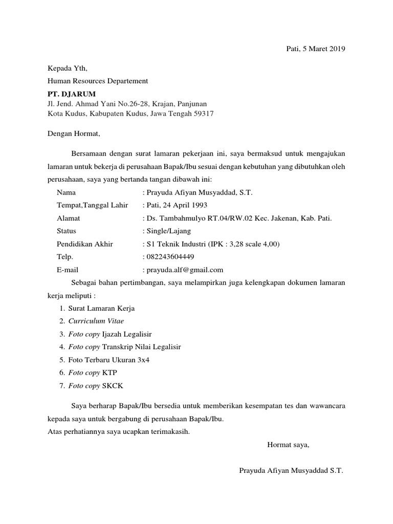 Surat Lamaran Kerja Djarum