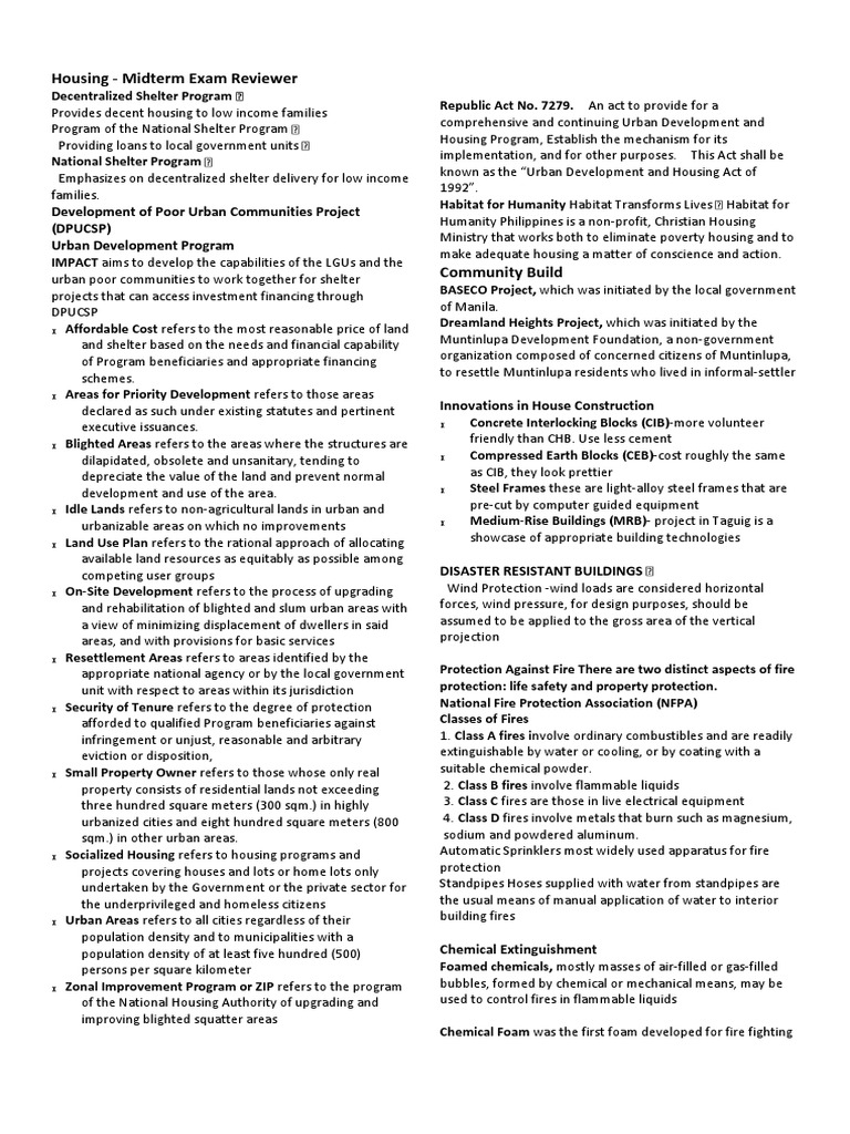 Housing - Midterm Exam Reviewer: Development of Poor Urban Communities ...