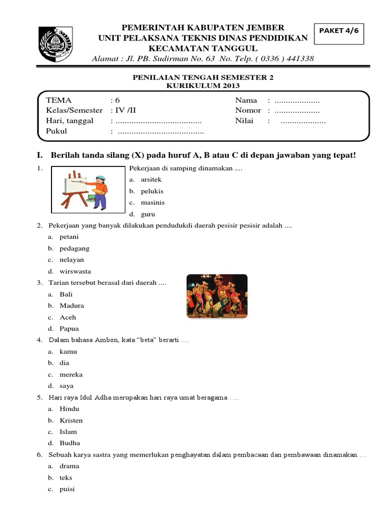 Soal Uts Kelas 4 Semester 2 Tema 6