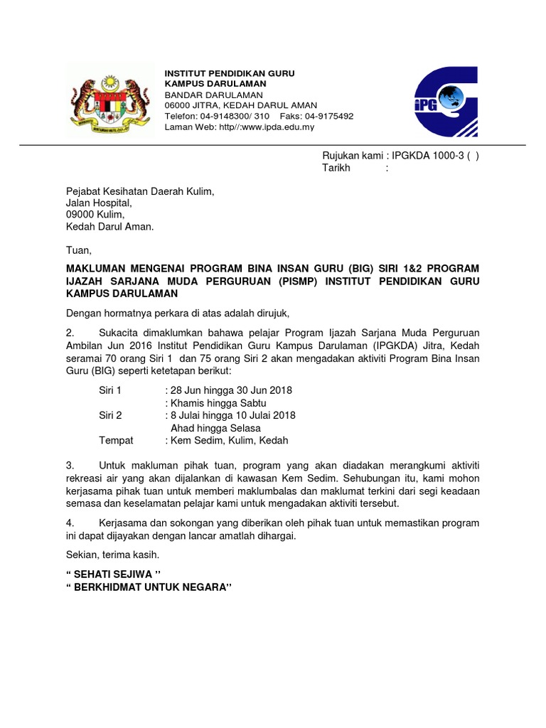 Surat Pejabat Kesihatan Kulim Big 2018 Contoh Pdf