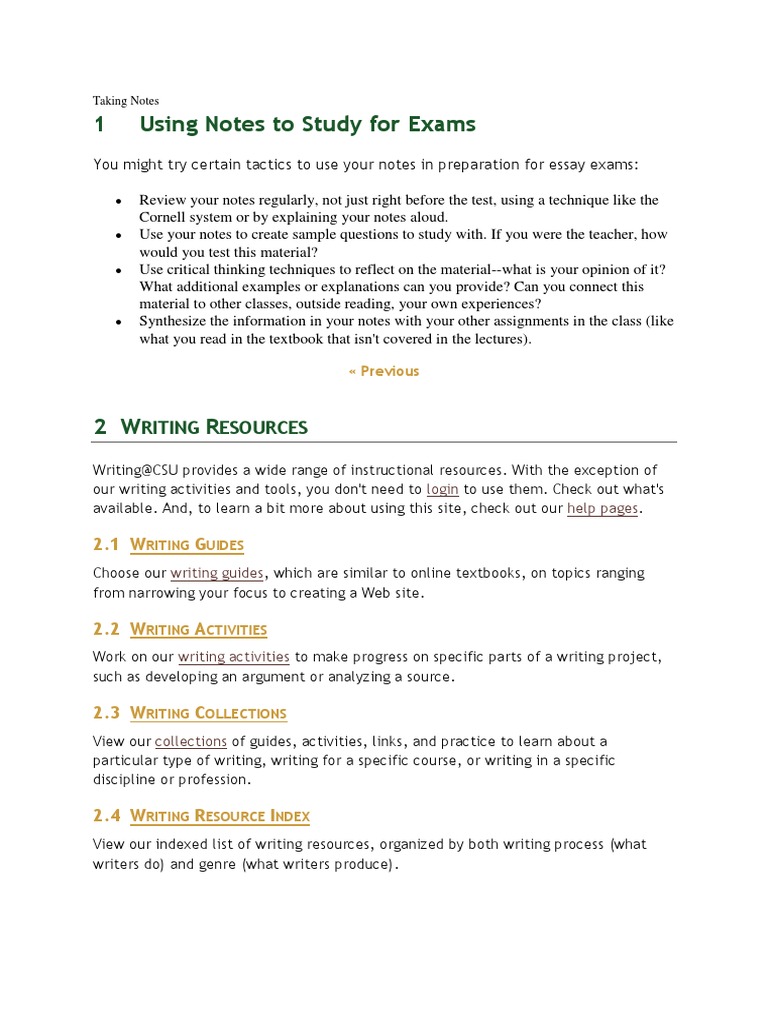 1 Using Notes To Study For Exams: Riting Esources | PDF | Teachers ...