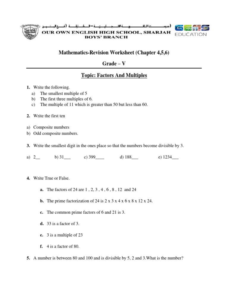 MathematicsRevision Worksheet (Chapter 4,5,6) Grade V Topic Factors